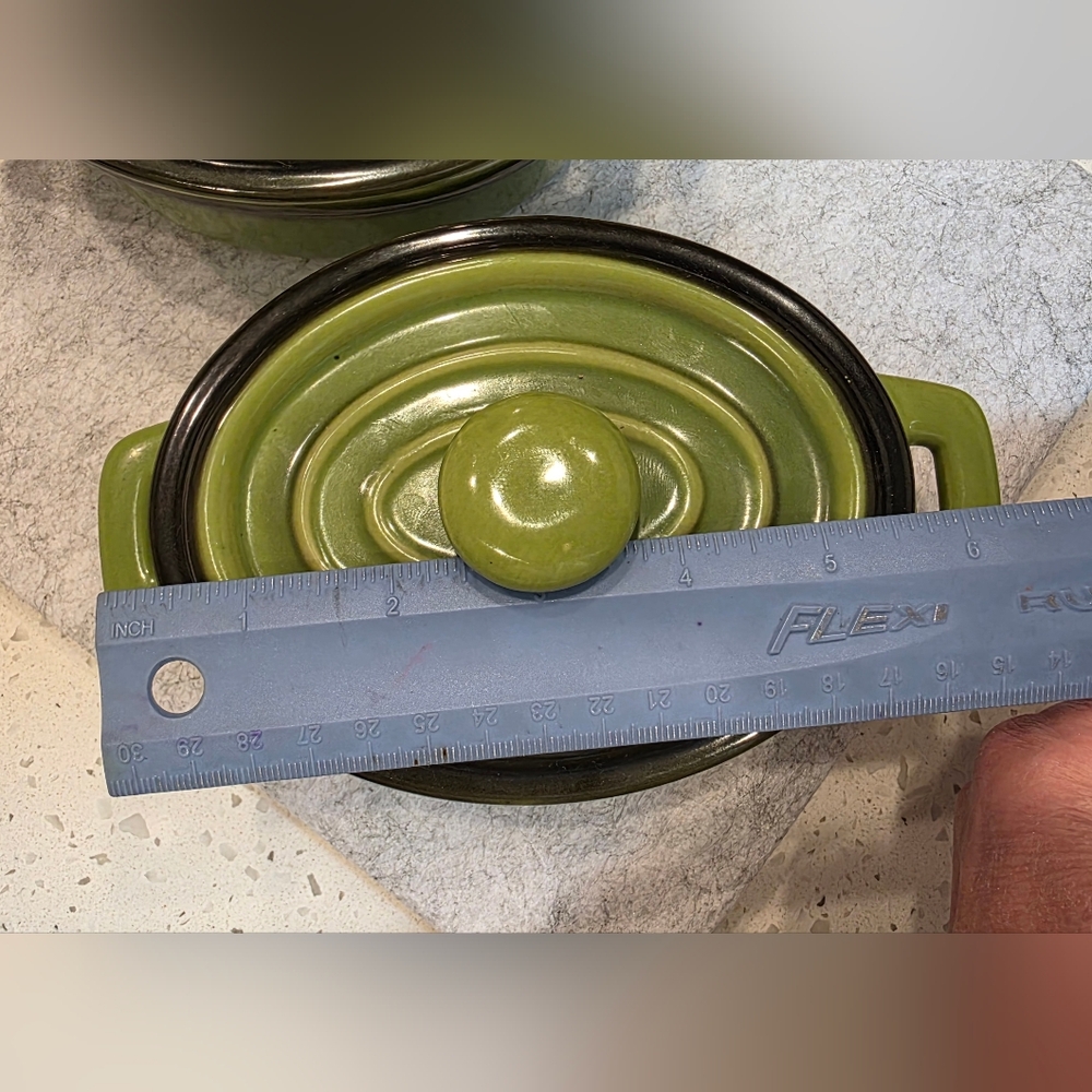 Vintage avocado green stoneware mini covered casserole dish. Set Of 2, Like New. - Picture 8 of 13